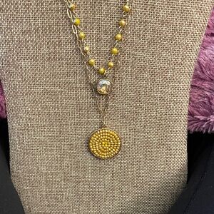 Pink Panache Layered Gold Necklace with Yellow Beads and Iridescent Pendant